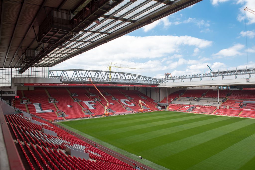 LIVERPOOL, ENGLAND - July 16th 2015: A view of Anfield, home to Liverpool Football Club with the new stand being erected in the foreground